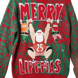 UGLY CHRISTMAS SWEATER FUNNY MERRY LIFT MAS GYM BRO GIRLY WEIGHT LIFTING SANTA M